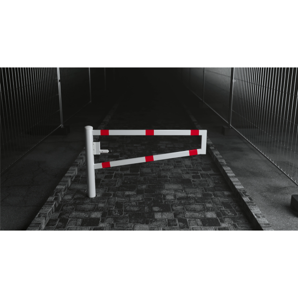 Swiveling gates | for casting in concrete, hot-dip galvanized and white coated with red reflecting stripes | total width: 3000 mm | for padlock